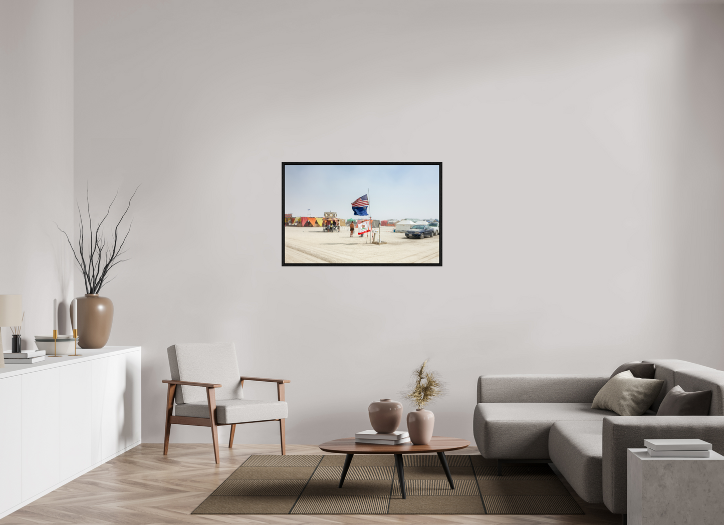 44 x 28″, Floater Frame Burning Man - Woman and Flags