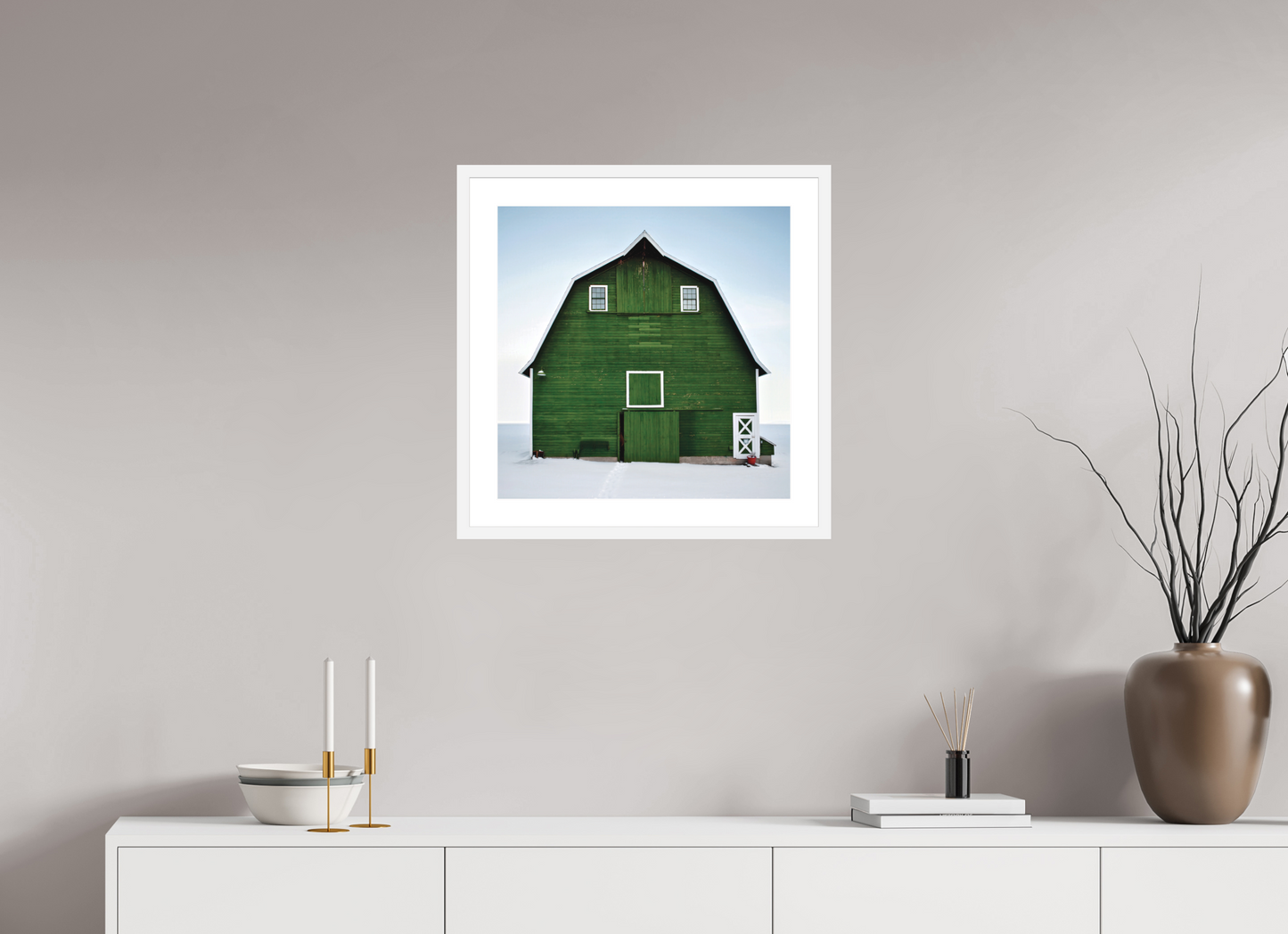 20 x 20″, Solid 0.8" White Wood Frame With 2" Natural White Passe-Partout with Museum Glass Green Barn