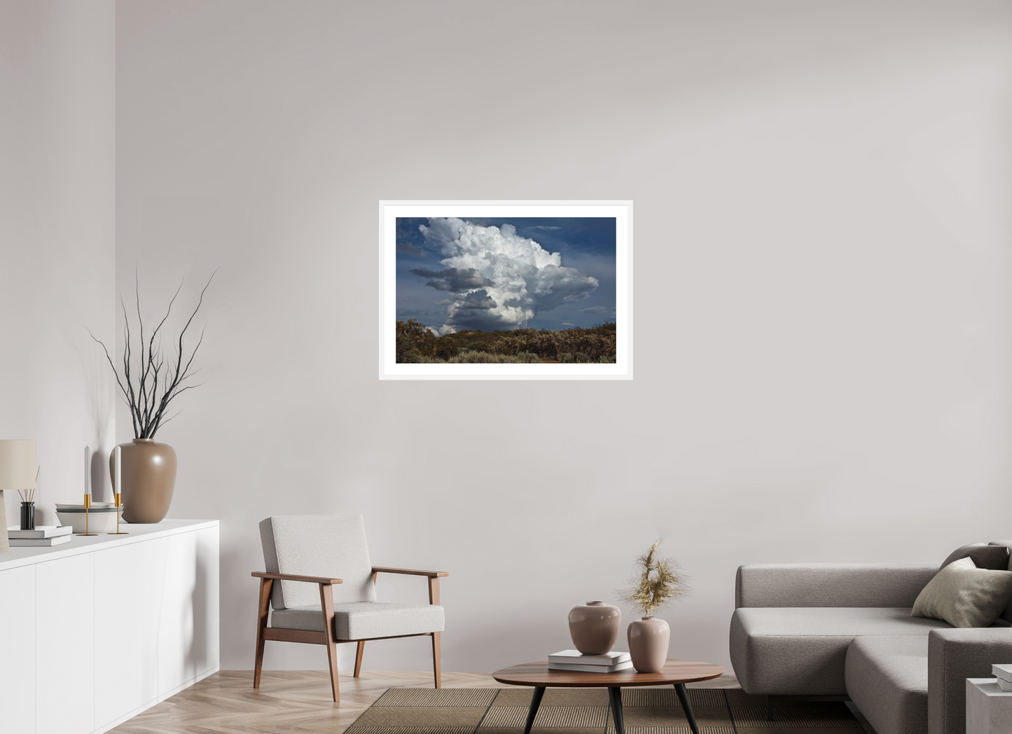 36 x 24″, Solid 0.8" White Wood Frame With 2" Natural White Passe-Partout with Museum Glass Billowing Clouds