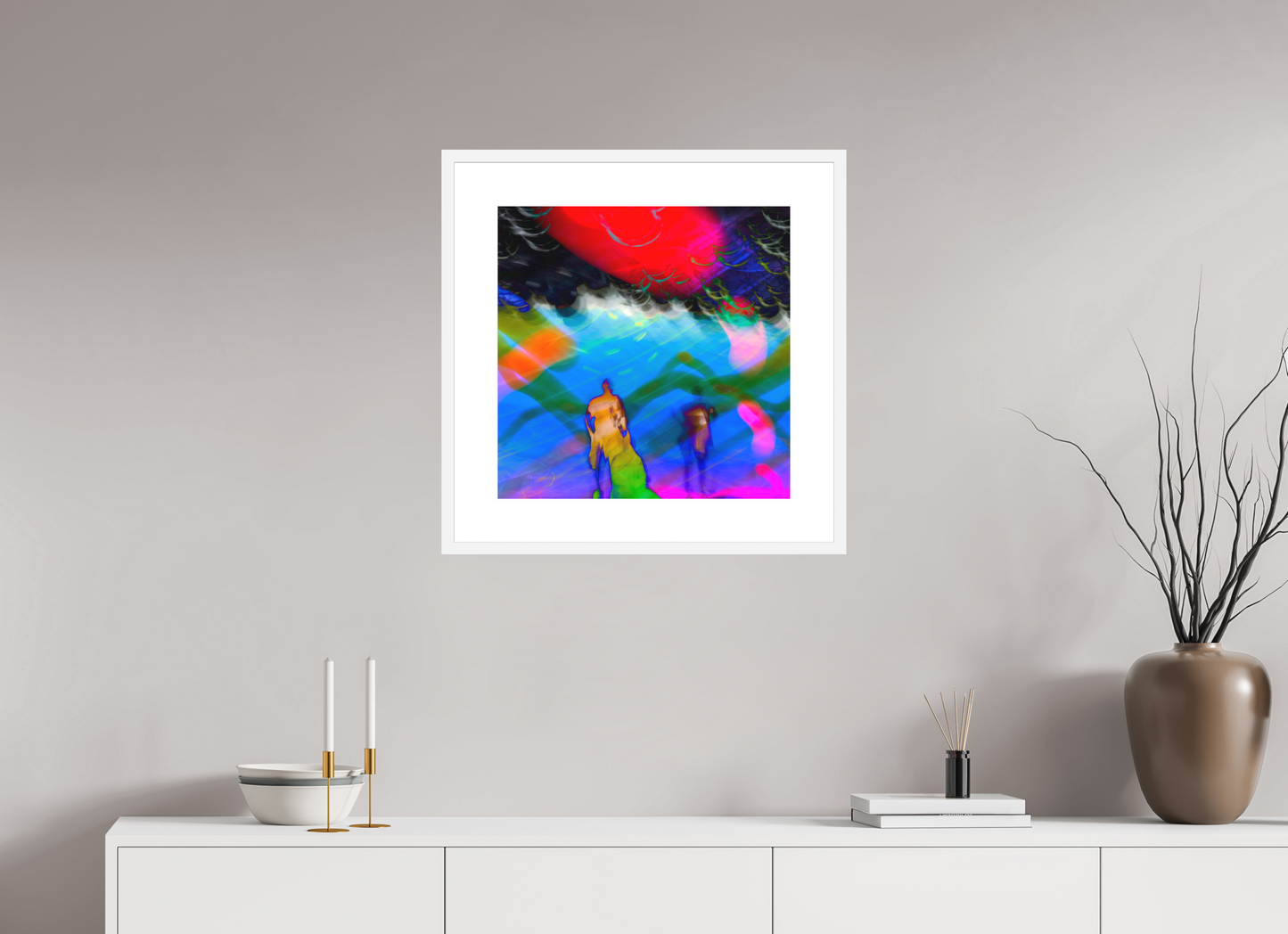 20 x 20″, Solid 0.8" White Wood Frame With 3" Natural White Passe-Partout with Museum Glass Abstract No. 8964