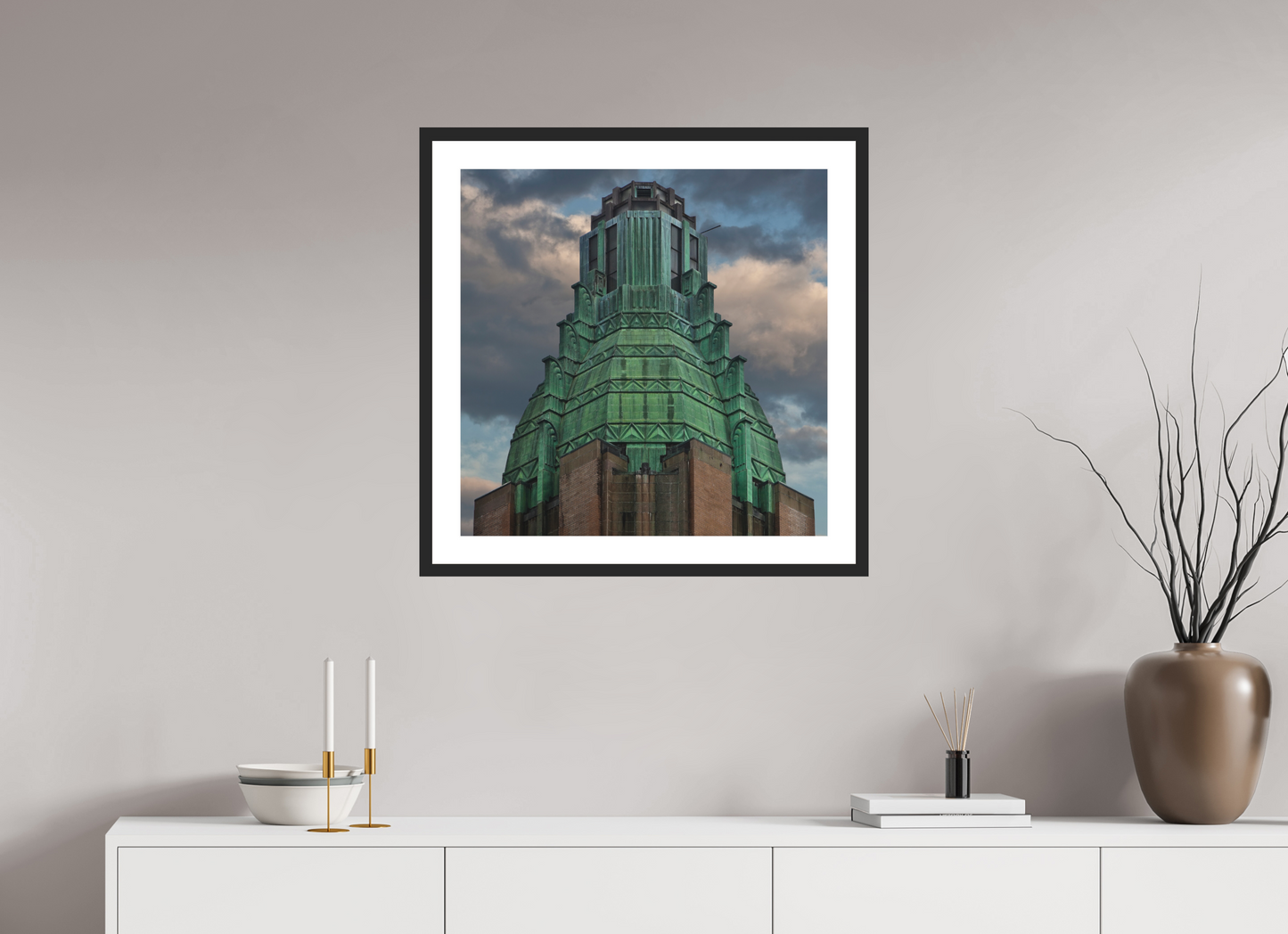 25 x 25″, Solid 0.8" Black Wood Frame With 2" Natural White Passe-Partout with Museum Glass Waldorf Astoria