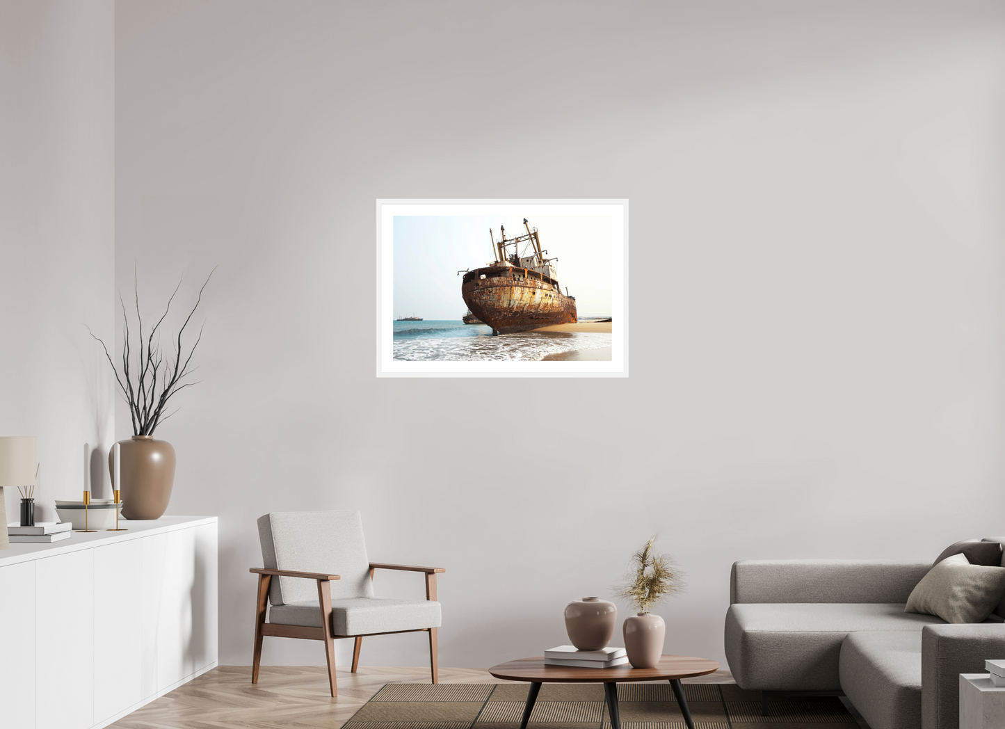 36 x 24″, Solid 0.8" White Wood Frame With 2" Natural White Passe-Partout with Museum Glass Grounded Ships Angola