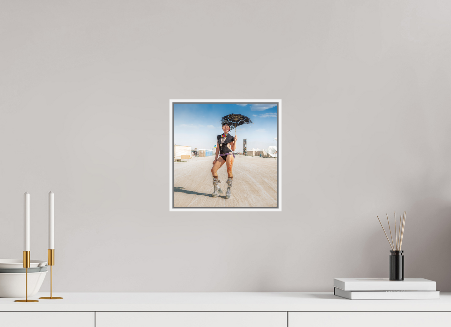 10 x 10″, White Matte Frame, No Border Burning Man - Attendee with Parasol