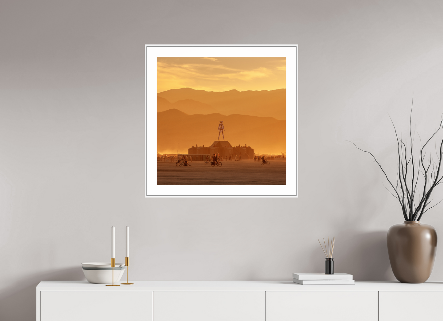 25 x 25″, White Matte Frame Burning Man with Mountains
