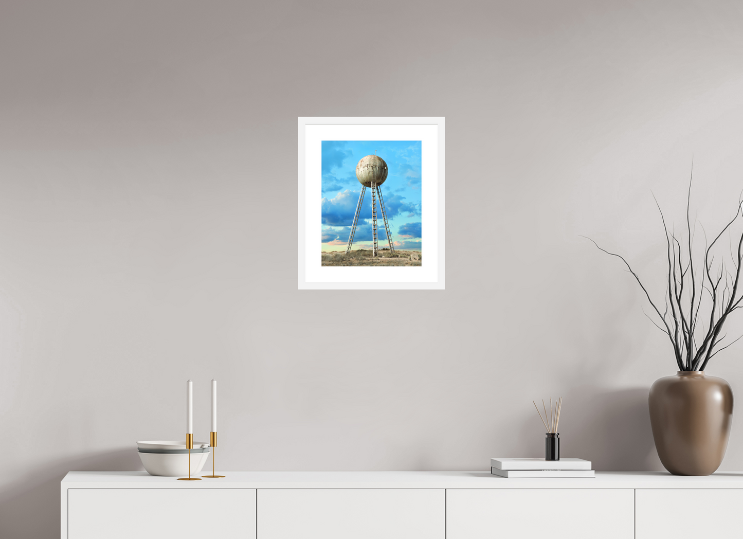 12 x 15″, Solid 0.8" White Wood Frame With 2" Natural White Passe-Partout with Museum Glass Spherical Water Tower - Mexico