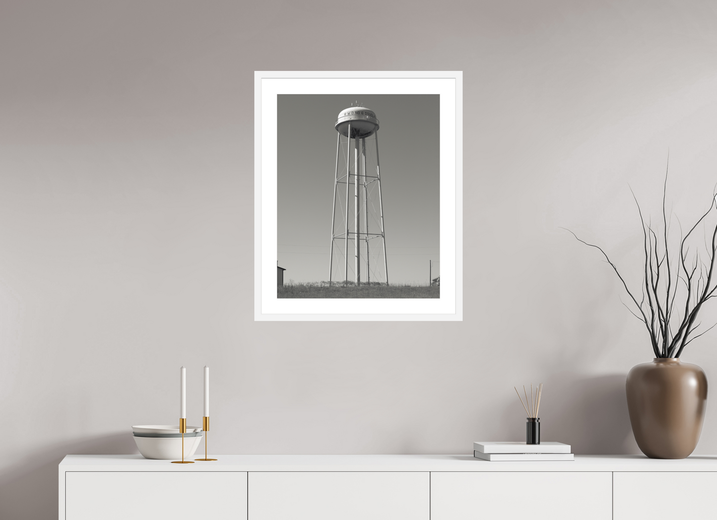20 x 25″, Solid 0.8" White Wood Frame With 2" Natural White Passe-Partout with Museum Glass Water Tower  RWD No. 6