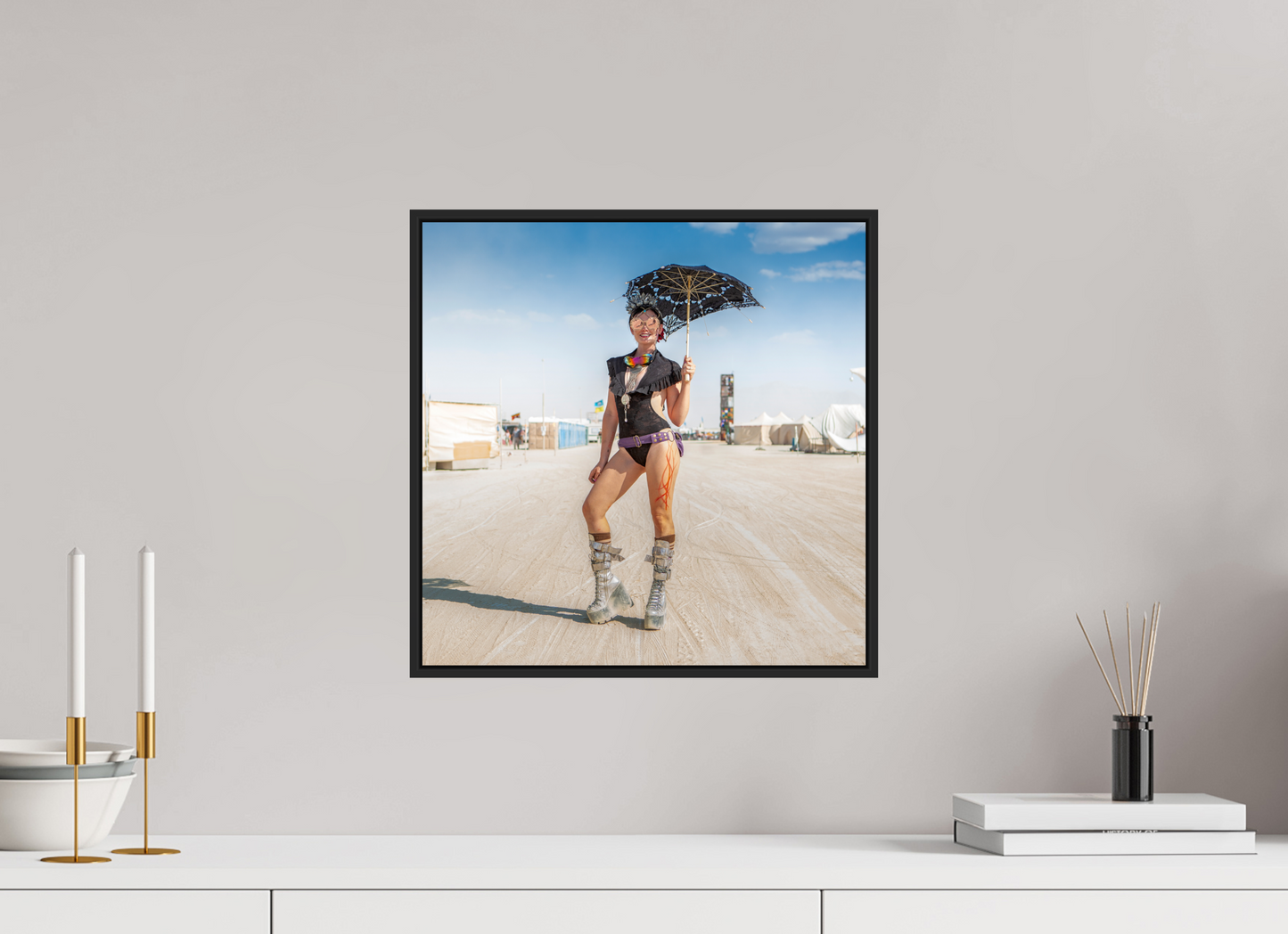 15 x 15″, Black Matte Frame, No Border Burning Man - Attendee with Parasol