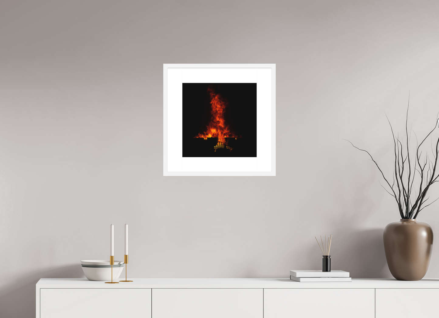 15 x 15″, Solid 0.8" White Wood Frame With 3" Natural White Passe-Partout with Museum Glass Burning Man - Flames