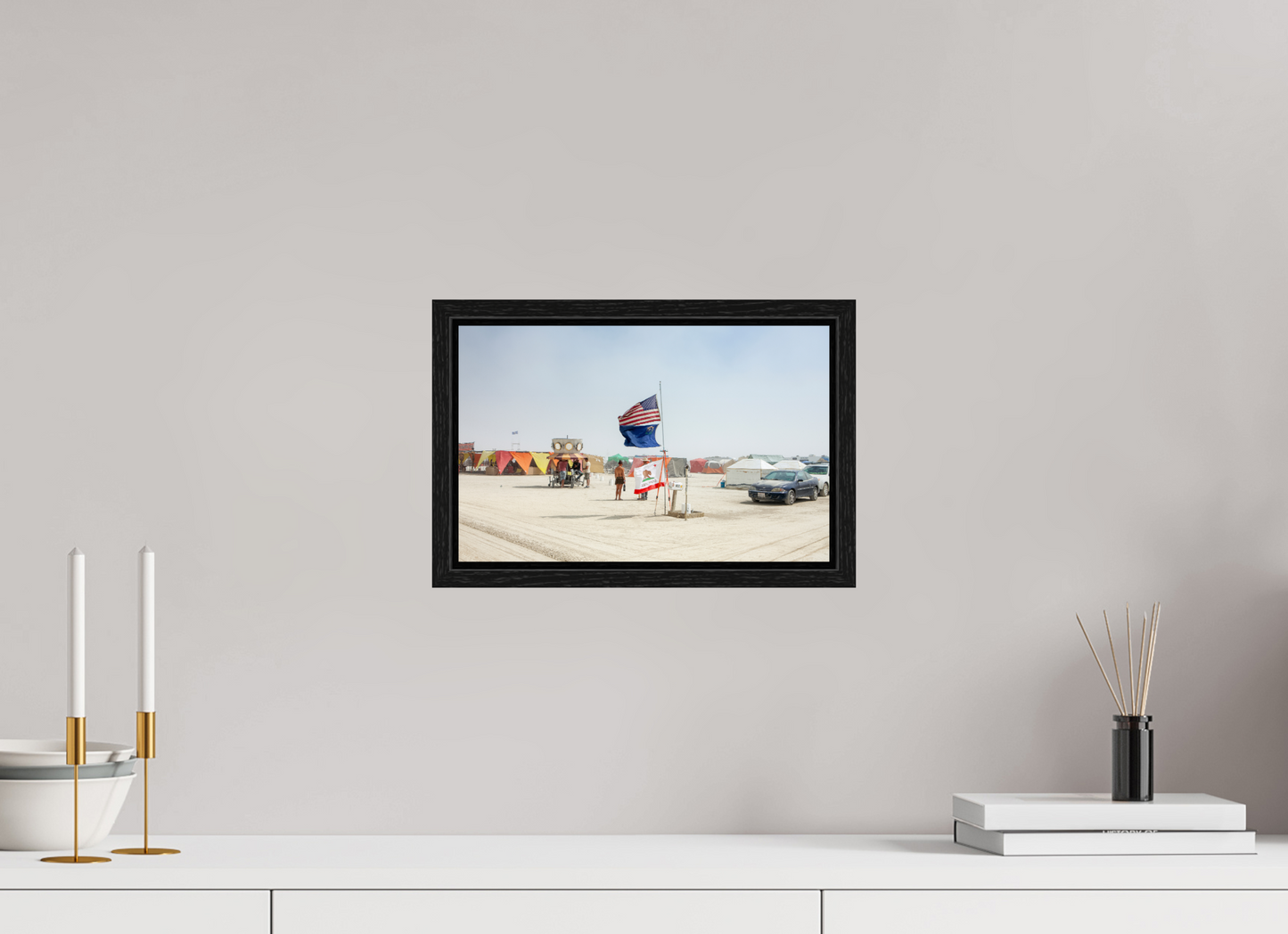 12.6 x 8″, Floater Frame Burning Man - Woman and Flags