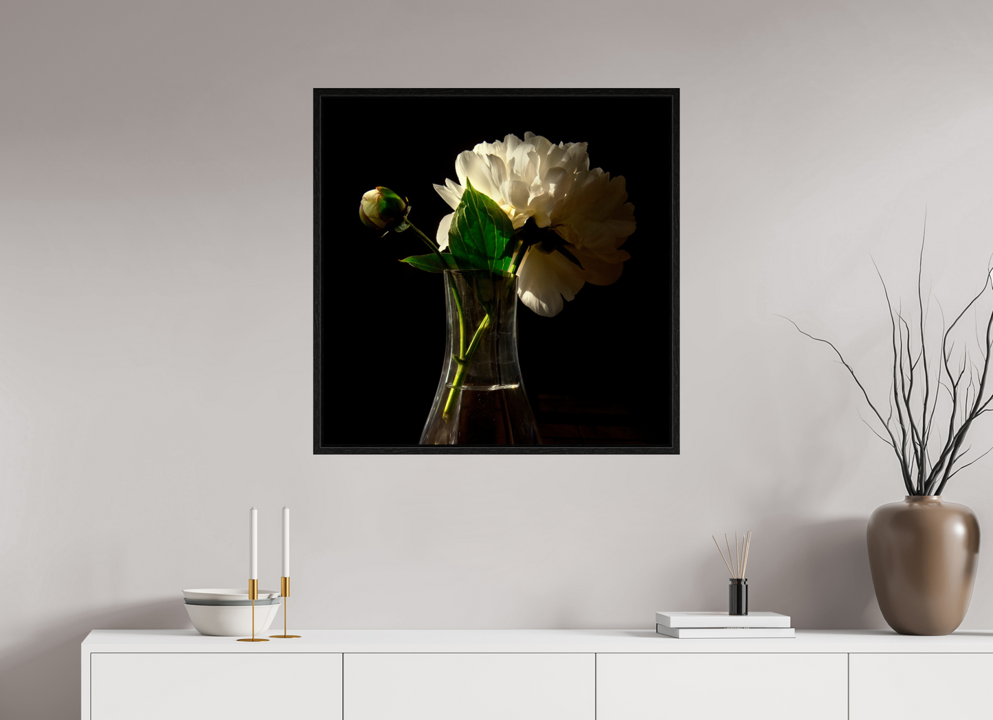 30 x 30″, Floater Frame Flowers in Vase