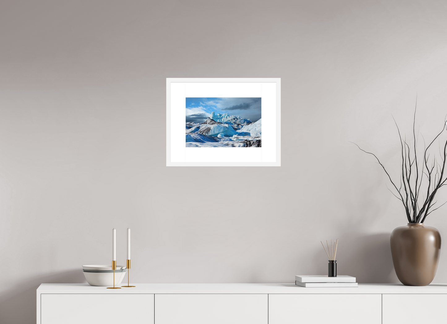 15 x 10″, Solid 0.8" White Wood Frame With 3" Natural White Passe-Partout with Museum Glass Iceland Icebergs