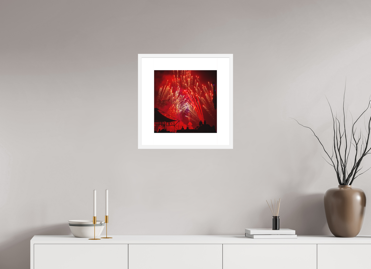 15 x 15″, Solid 0.8" White Wood Frame With 3" Natural White Passe-Partout with Museum Glass Burning Man - Red Fireworks (square format)