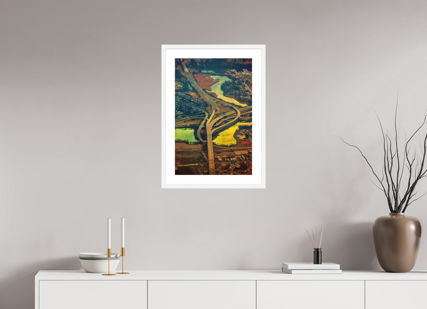 16 x 24″, Solid 0.8" White Wood Frame With 2" Natural White Passe-Partout with Museum Glass Aerial View of Highway