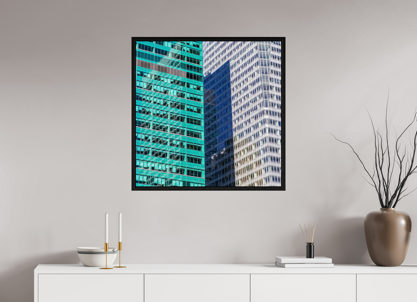 30 x 30″, Floater Frame Green and White Office Buildings