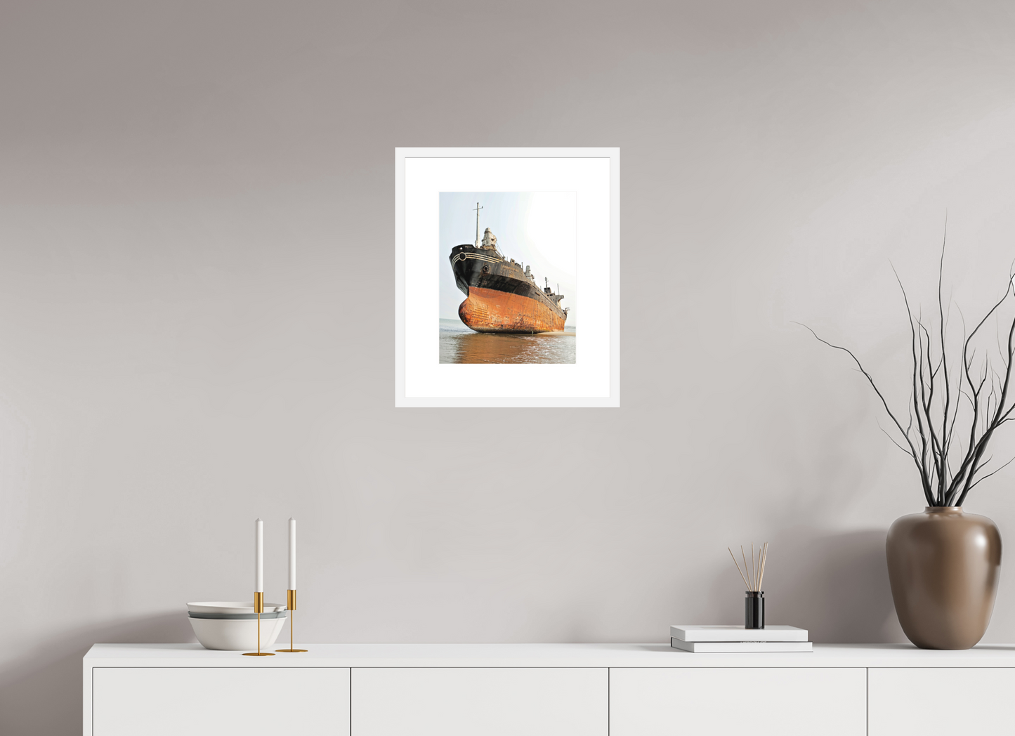 12 x 15″, Solid 0.8" White Wood Frame With 3" Natural White Passe-Partout with Museum Glass Beached Ship Angola