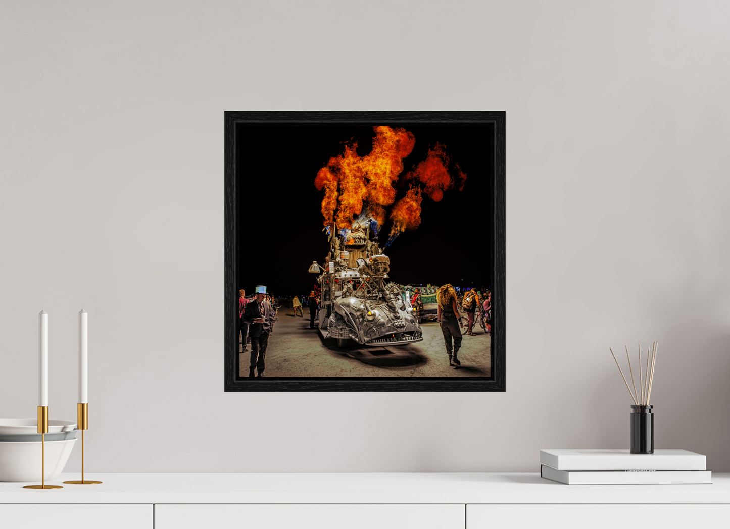 15 x 15″, Floater Frame Burning Man - Art Car with Flames