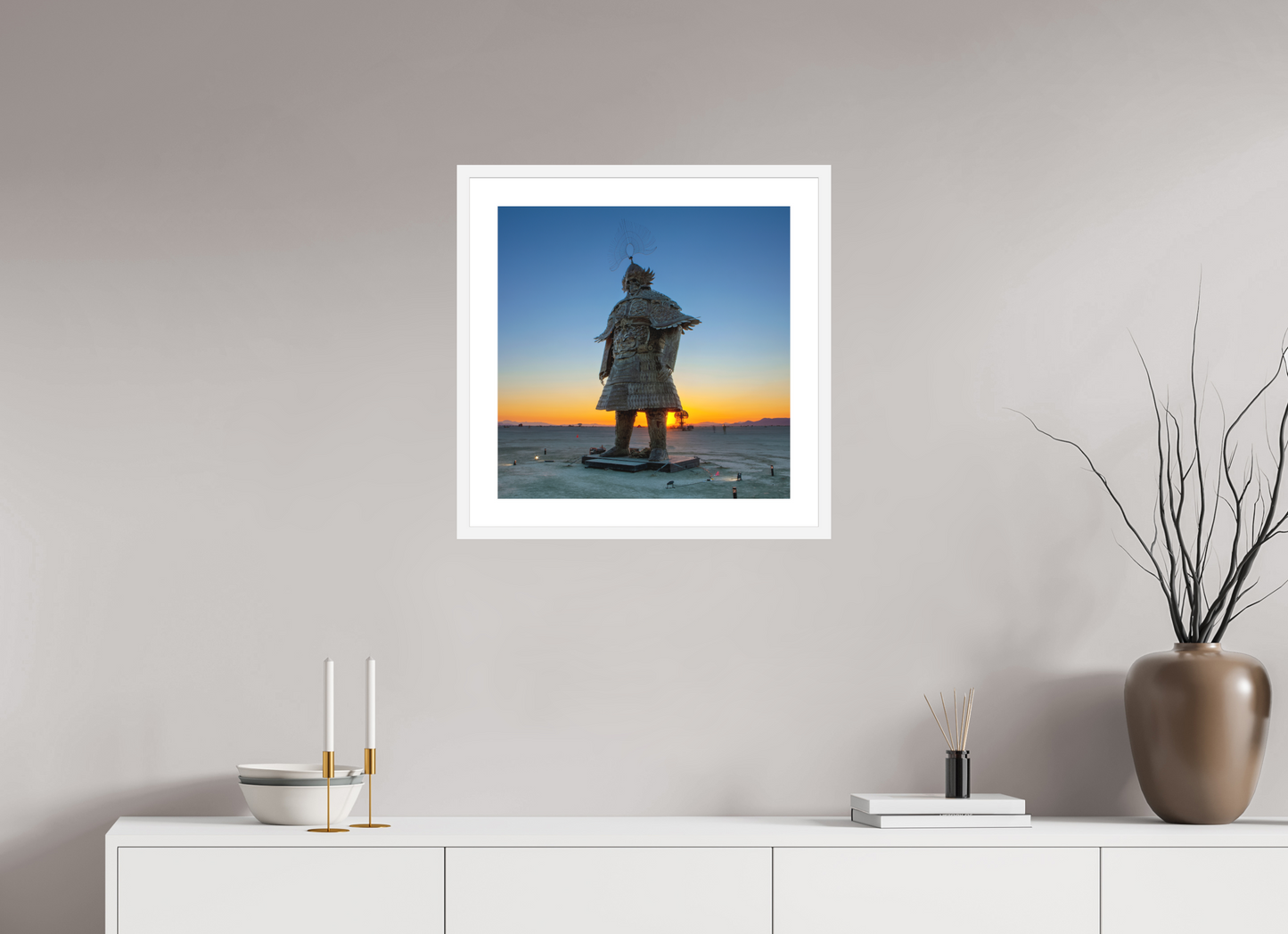 20 x 20″, Solid 0.8" White Wood Frame With 2" Natural White Passe-Partout with Museum Glass Burning Man - The Samurai at Dawn (square format)