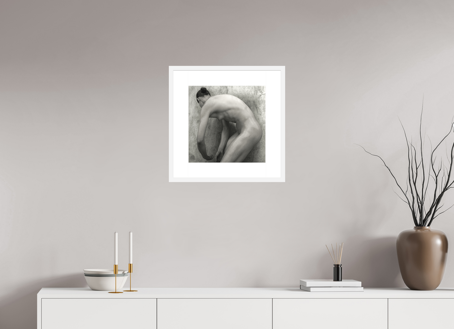15 x 15″, Solid 0.8" White Wood Frame With 3" Natural White Passe-Partout with Museum Glass Nude No. 60 - square