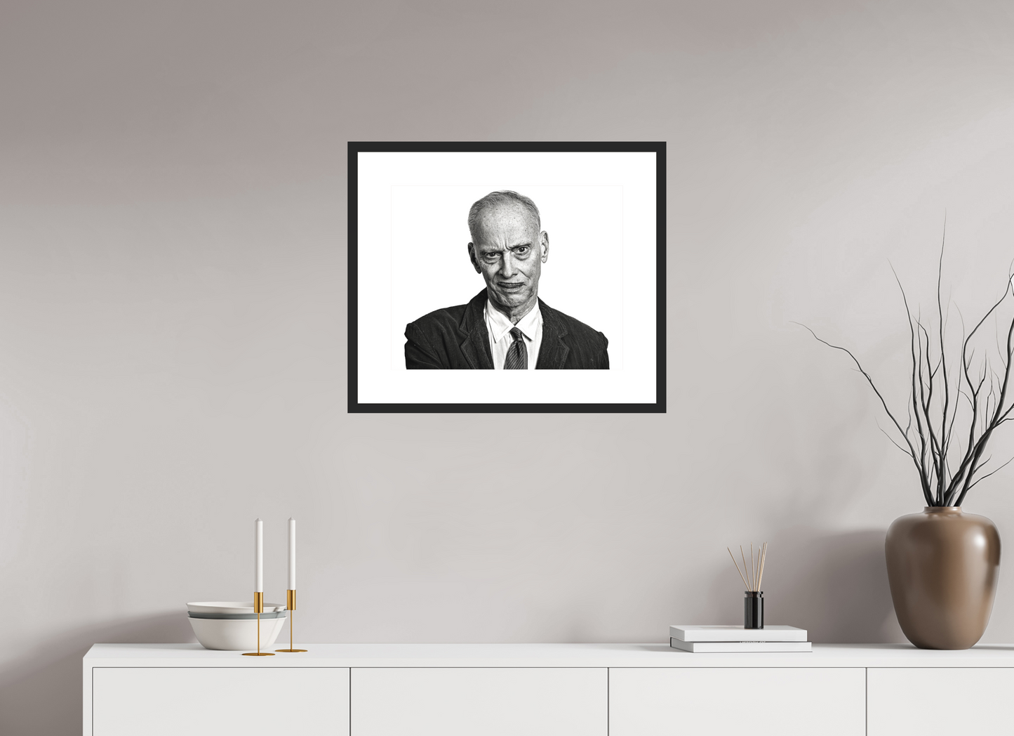 20 x 16″, Solid 0.8" Black Wood Frame With 3" Natural White Passe-Partout with Museum Glass Director John Waters Grimacing