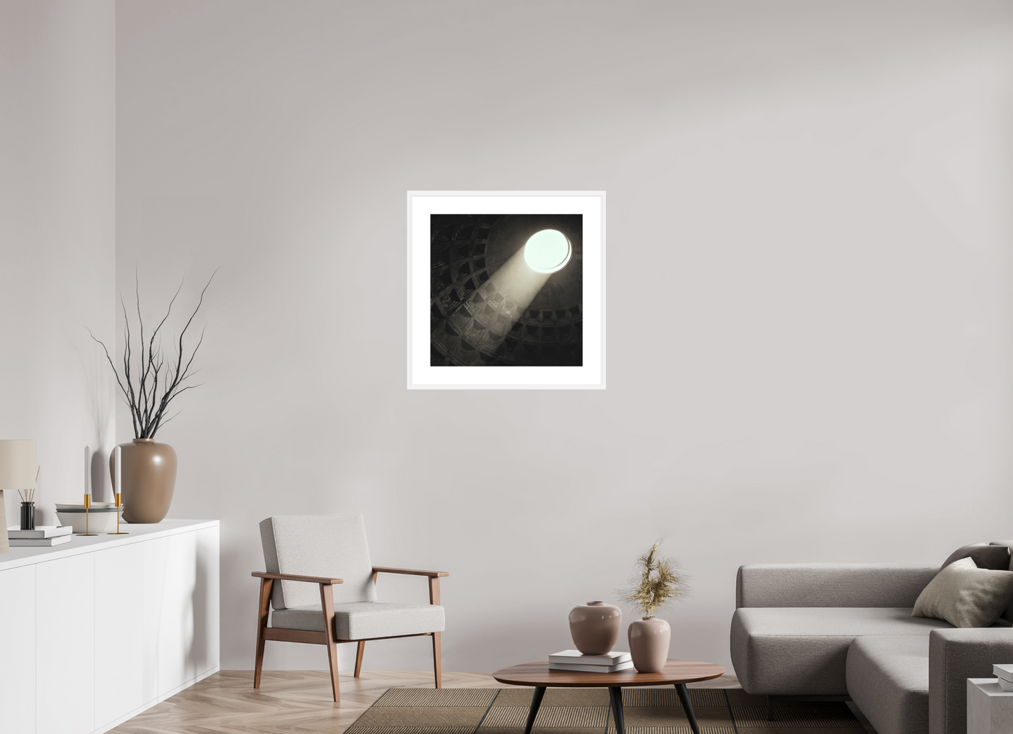 25 x 25″, Solid 0.8" White Wood Frame With 3" Natural White Passe-Partout with Museum Glass Pantheon Ceiling