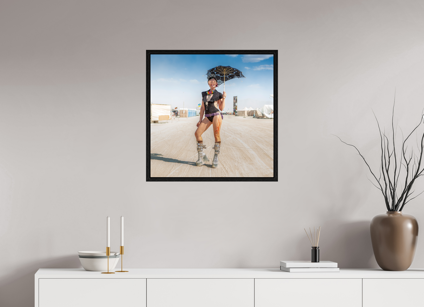 25 x 25″, Floater Frame Burning Man - Attendee with Parasol