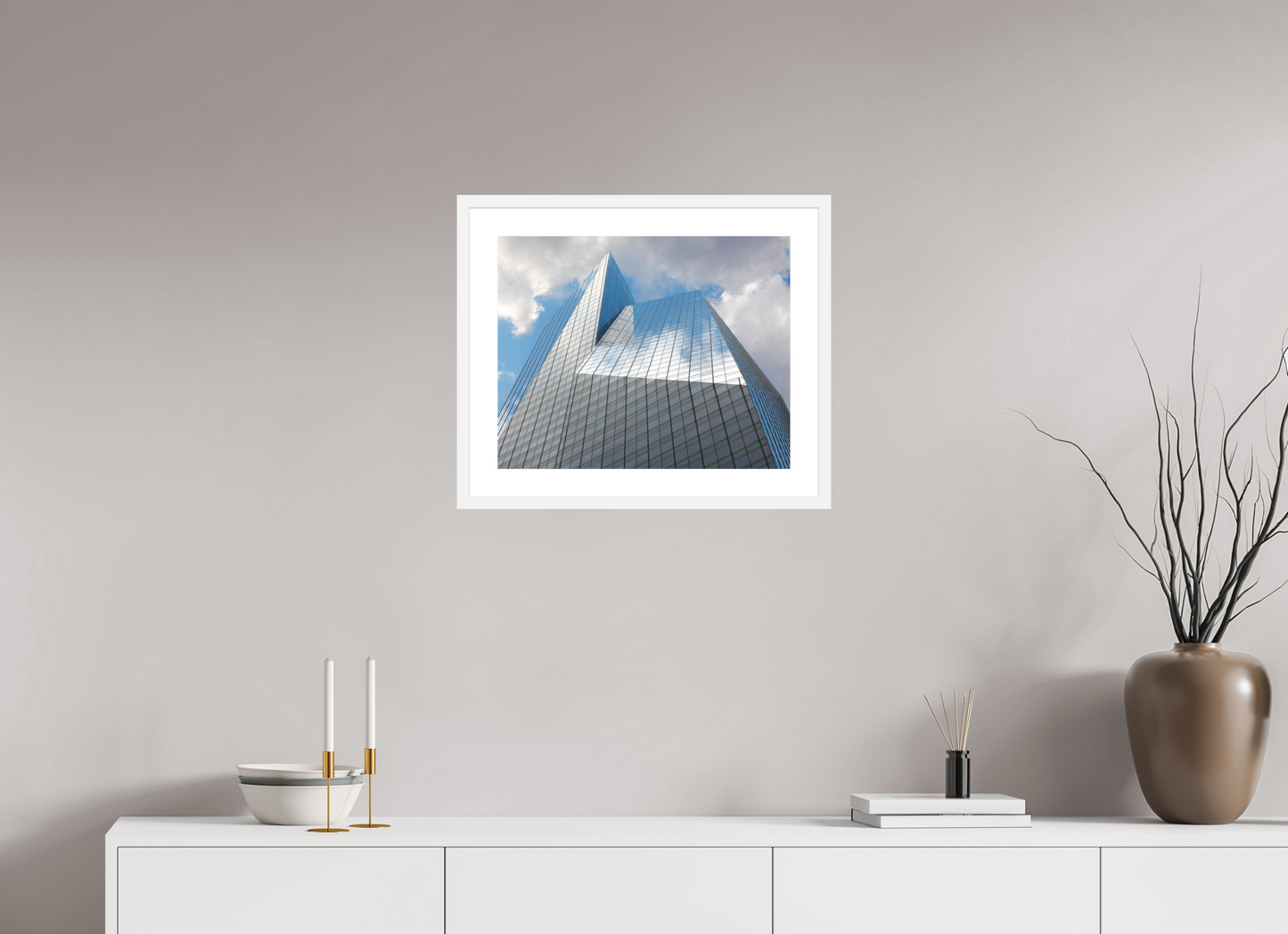 20 x 16″, Solid 0.8" White Wood Frame With 2" Natural White Passe-Partout with Museum Glass Bank of America Tower