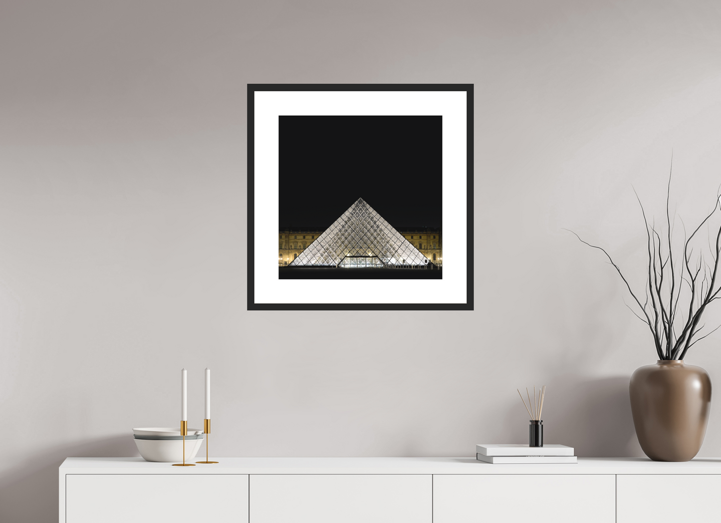 20 x 20″, Solid 0.8" Black Wood Frame With 3" Natural White Passe-Partout with Museum Glass The Louvre Pyramid