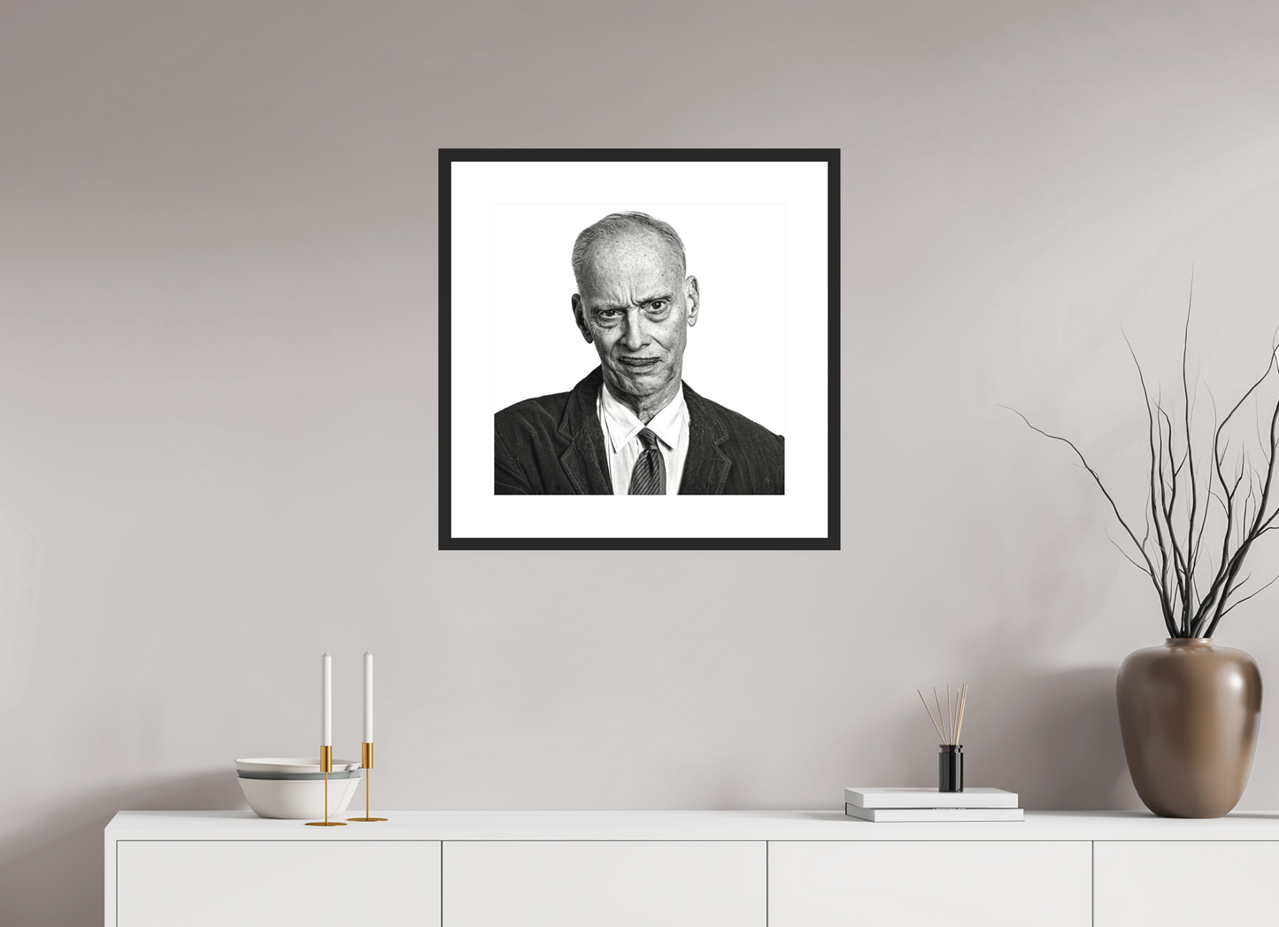 20 x 20″, Solid 0.8" Black Wood Frame With 3" Natural White Passe-Partout with Museum Glass Director John Waters Grimacing (square format)