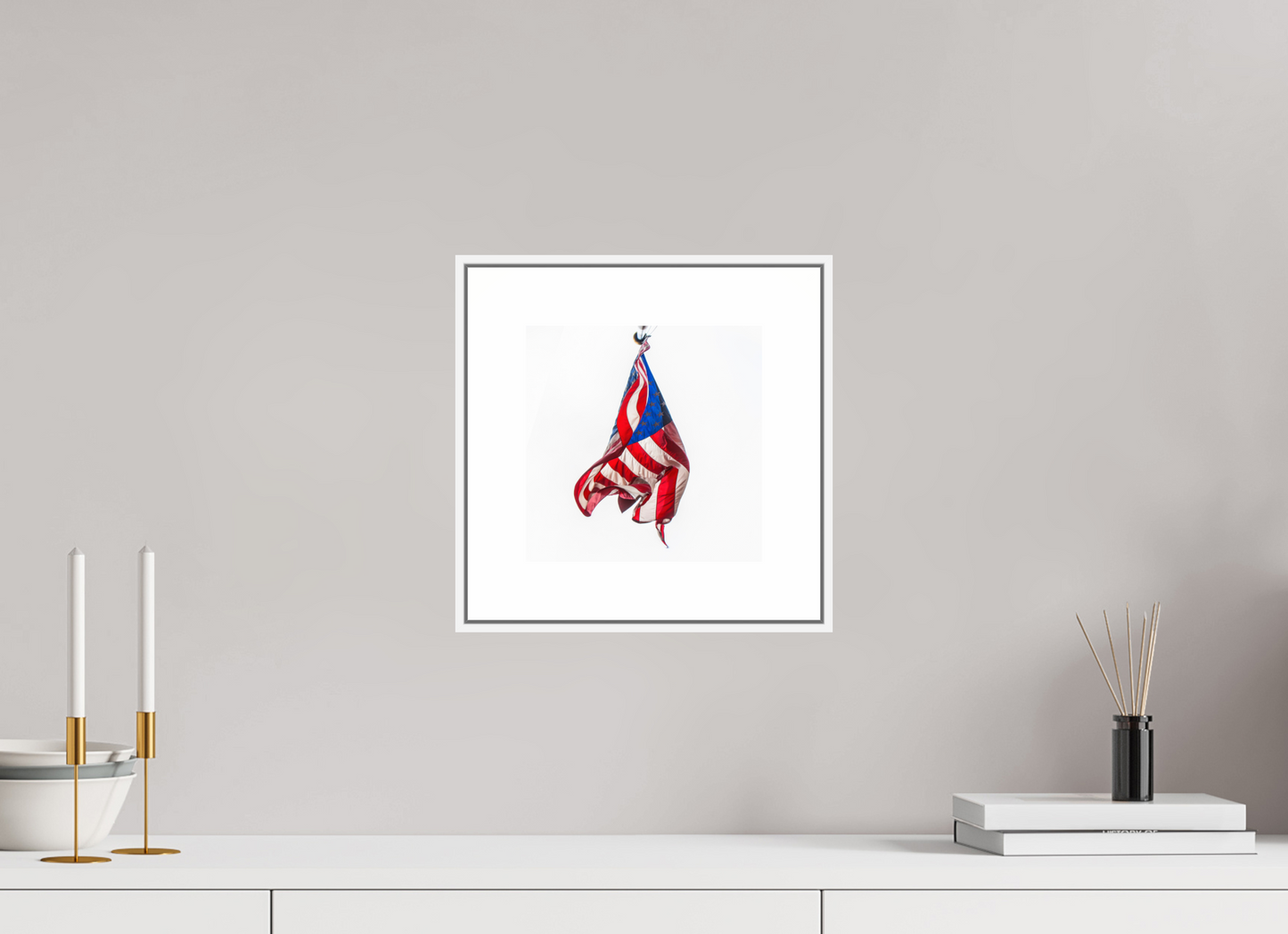 8 x 8″, White Matte Frame Crumpled USA Flag