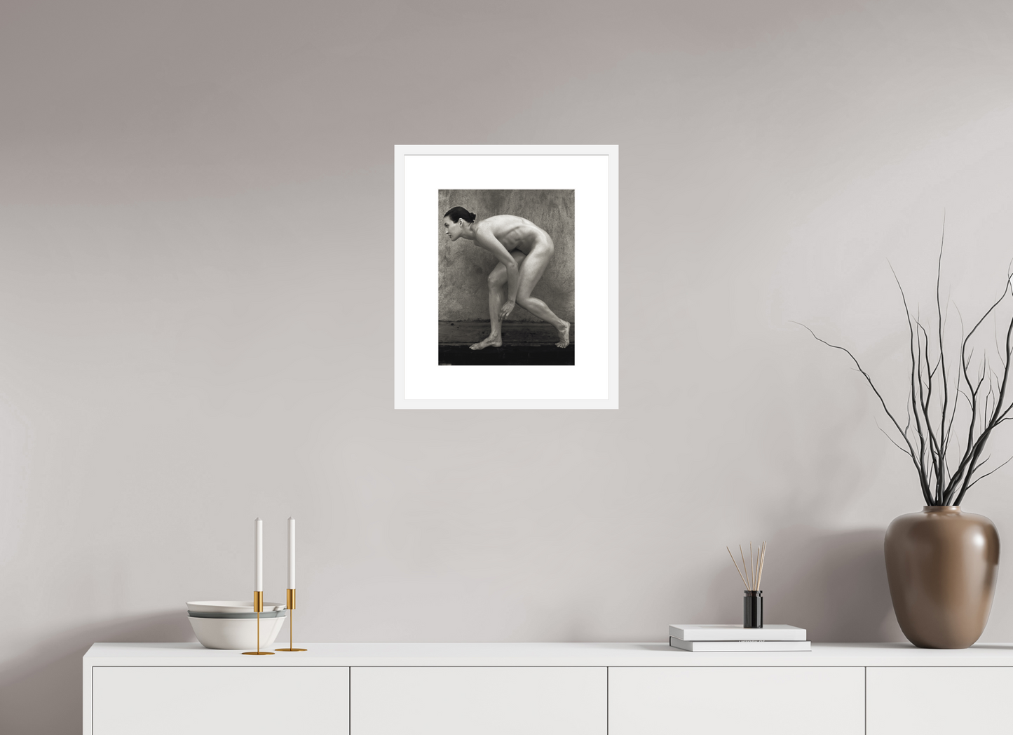 12 x 15.4″, Solid 0.8" White Wood Frame With 3" Natural White Passe-Partout with Museum Glass Nude No. 01E
