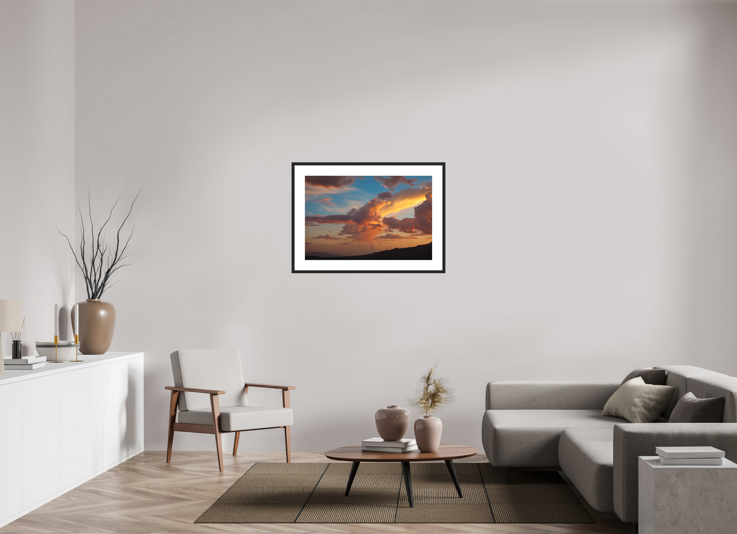 36 x 24″, Solid 0.8" Black Wood Frame With 3" Natural White Passe-Partout with Museum Glass Sunset Clouds and Mountains
