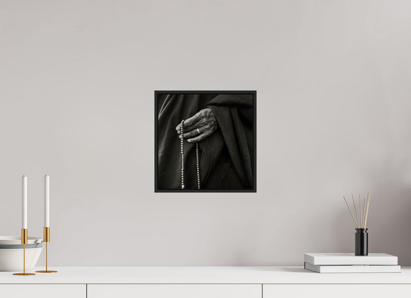 10 x 10″, Black Matte Frame, No Border Tibetan Monk Hand with Prayer Beads