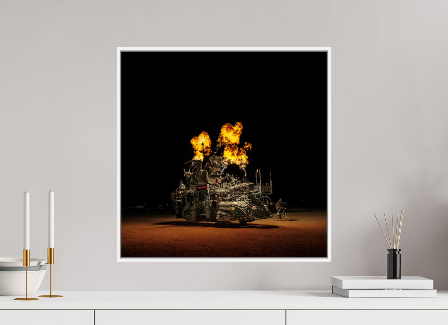 20 x 20″, White Matte Frame, No Border Burning Man - Art Car Rabid Transit