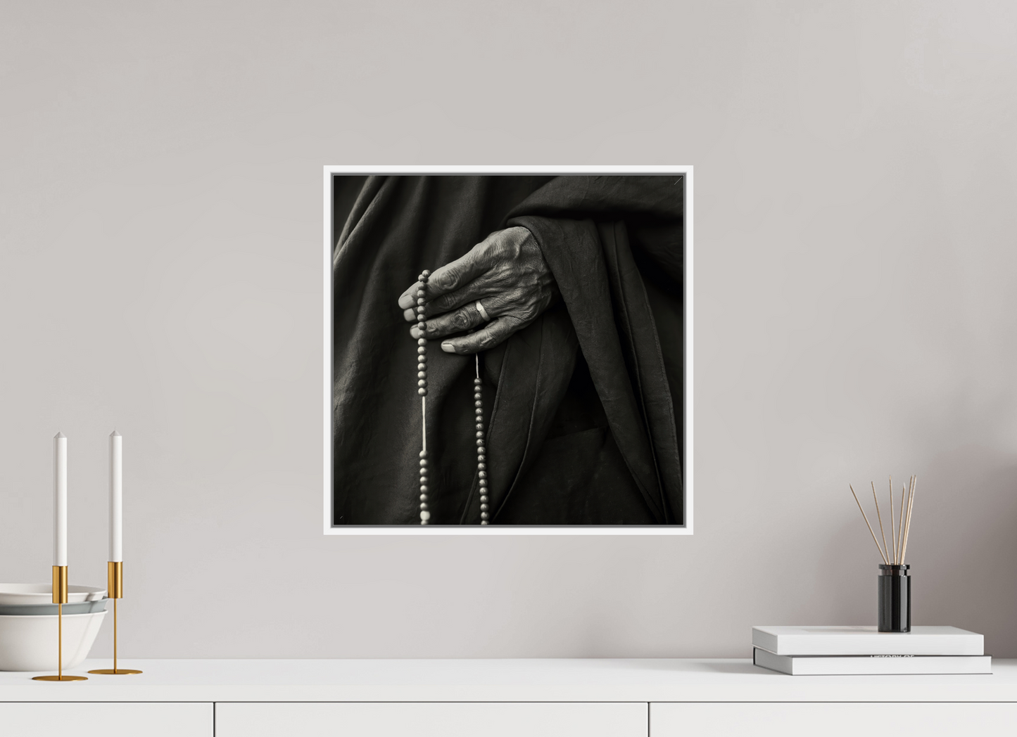 15 x 15″, White Matte Frame, No Border Tibetan Monk Hand with Prayer Beads