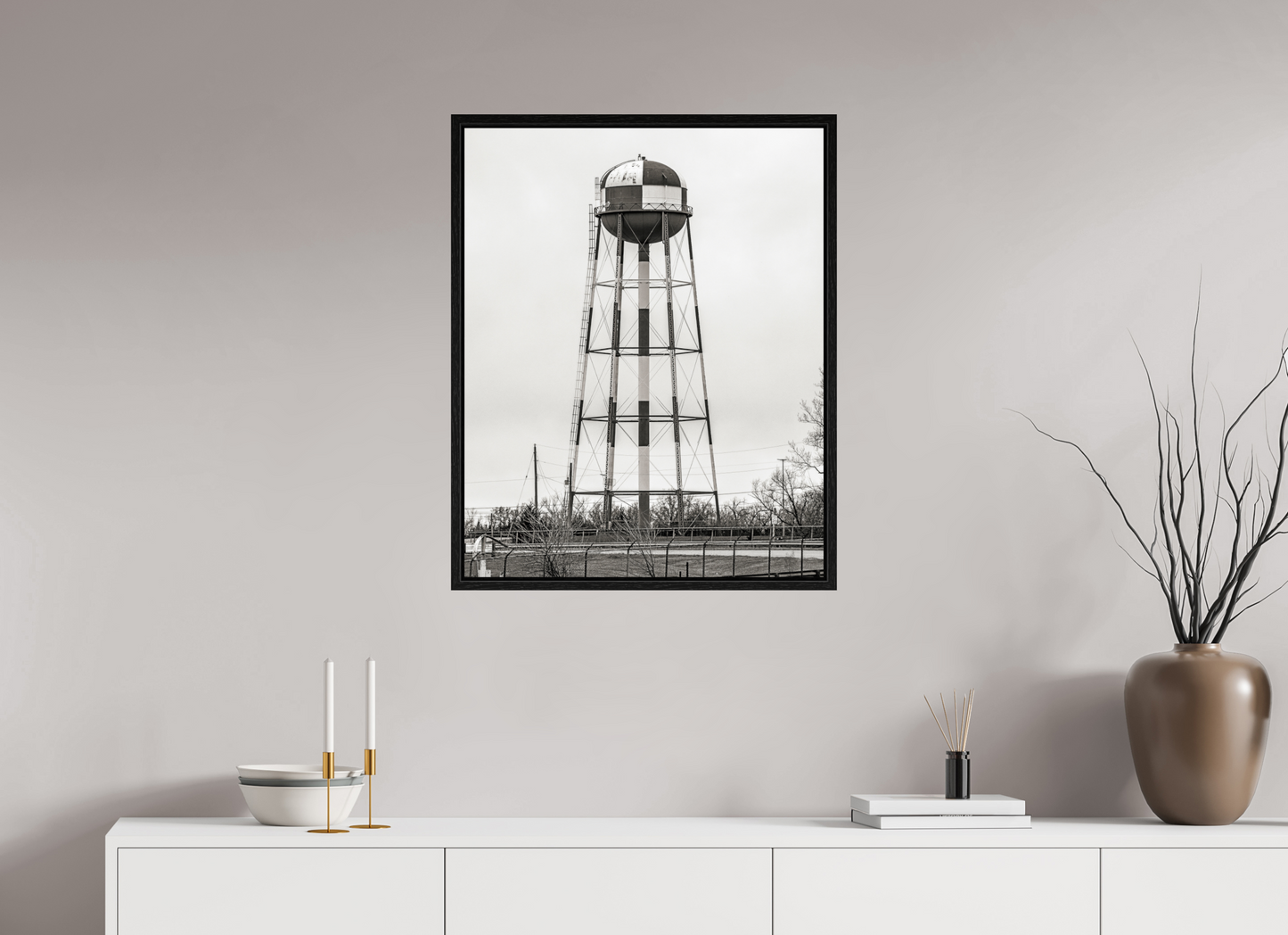 24 x 30″, Floater Frame Checkered Water Tower
