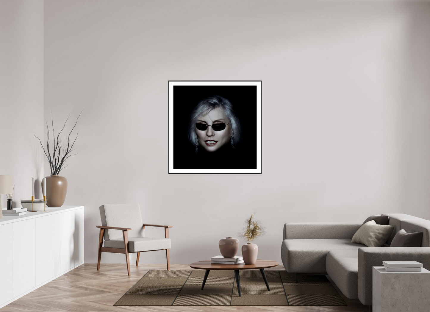40 x 40″, Black Matte Frame Debbie Harry Wearing Glasses