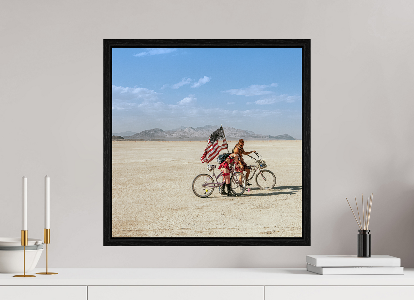 20 x 20″, Floater Frame Burning Man - Two with Bikes and USA Flag