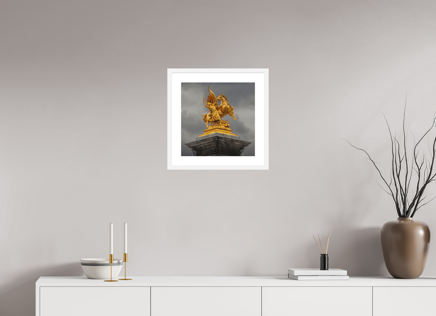 15 x 15″, Solid 0.8" White Wood Frame With 2" Natural White Passe-Partout with Museum Glass Pegasus and Fame Sculpture