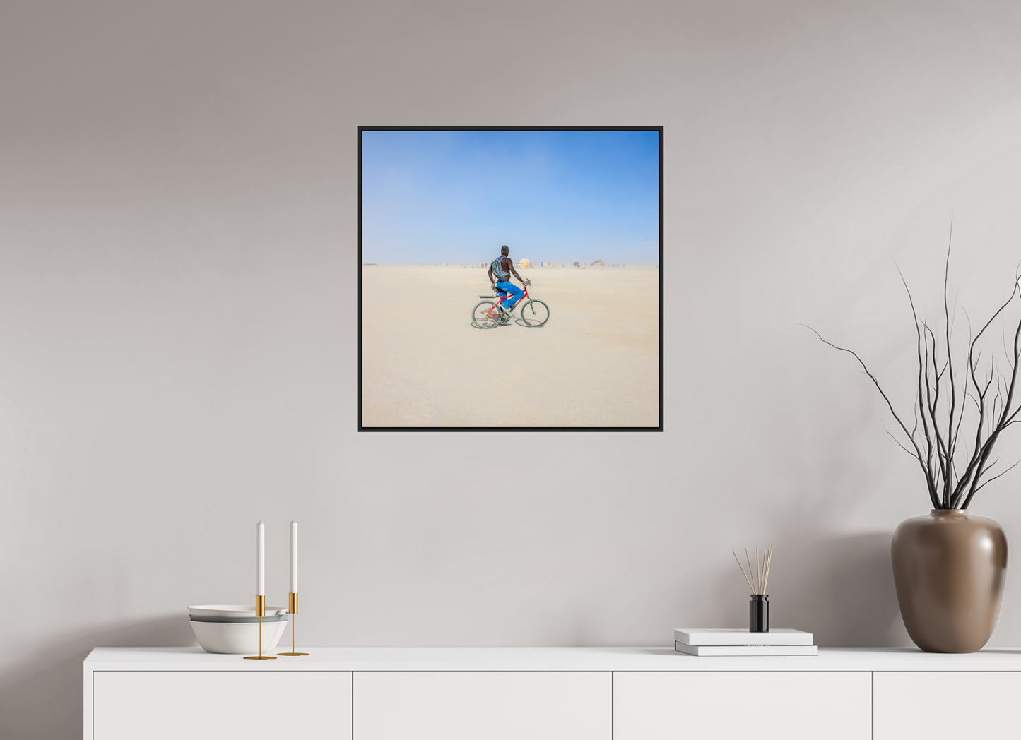 25 x 25″, Black Matte Frame, No Border Burning Man - Man on Red Bike