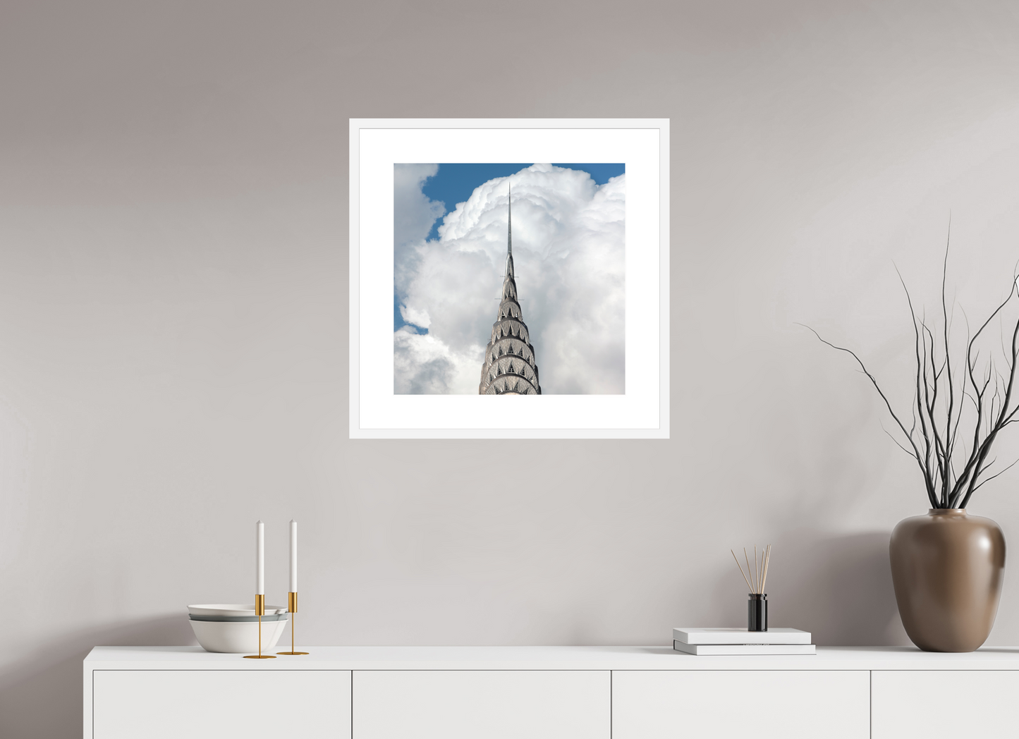 20 x 20″, Solid 0.8" White Wood Frame With 3" Natural White Passe-Partout with Museum Glass Chrysler Building with Clouds