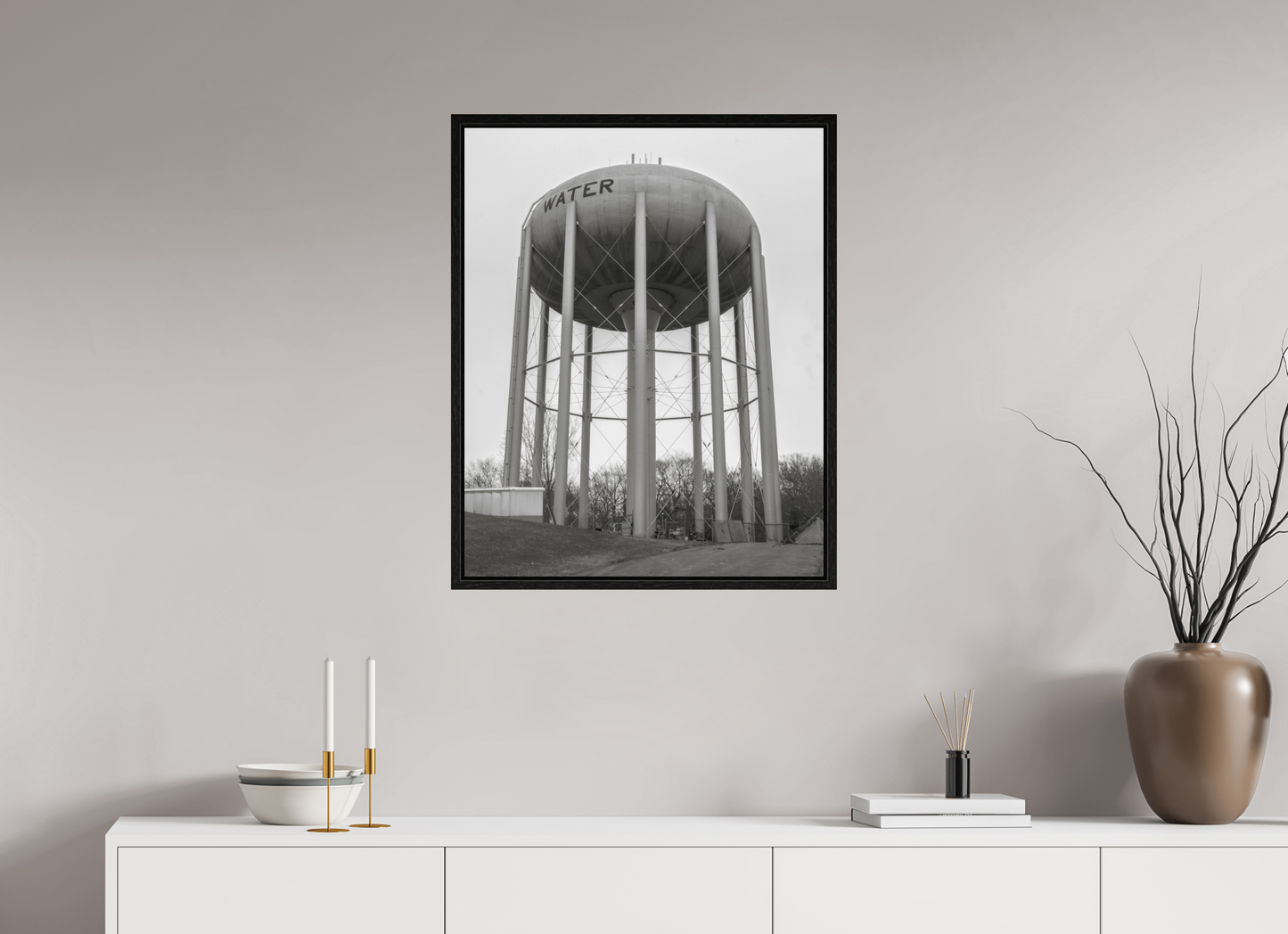 24 x 30″, Floater Frame Grey Water Tower
