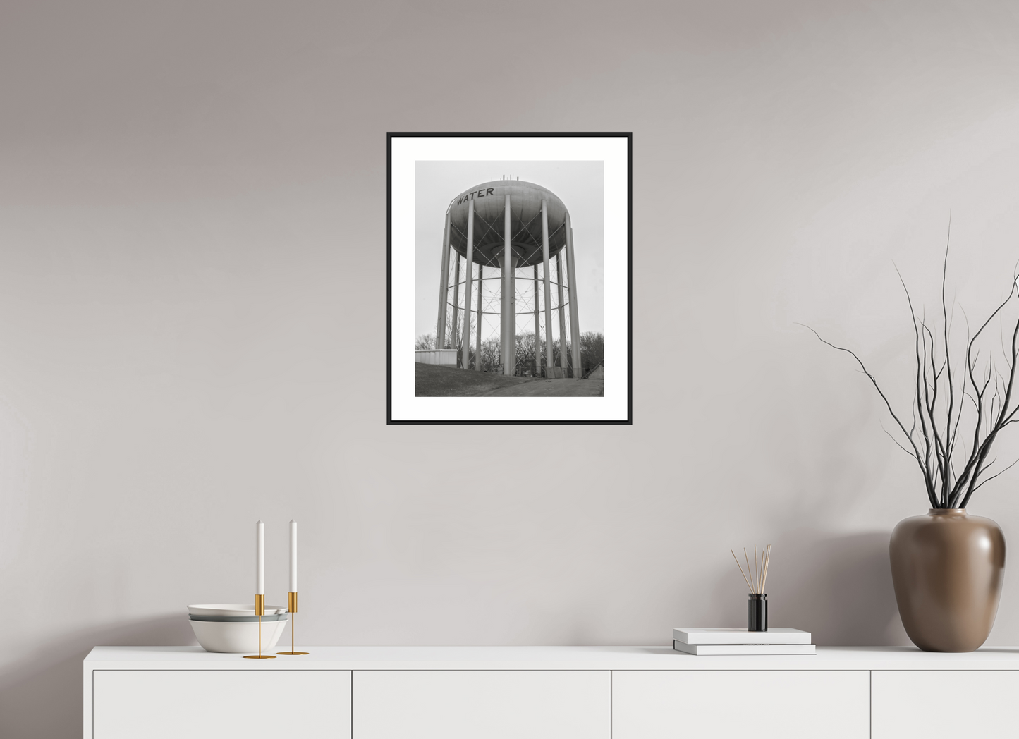 16 x 20″, Black Matte Frame Grey Water Tower