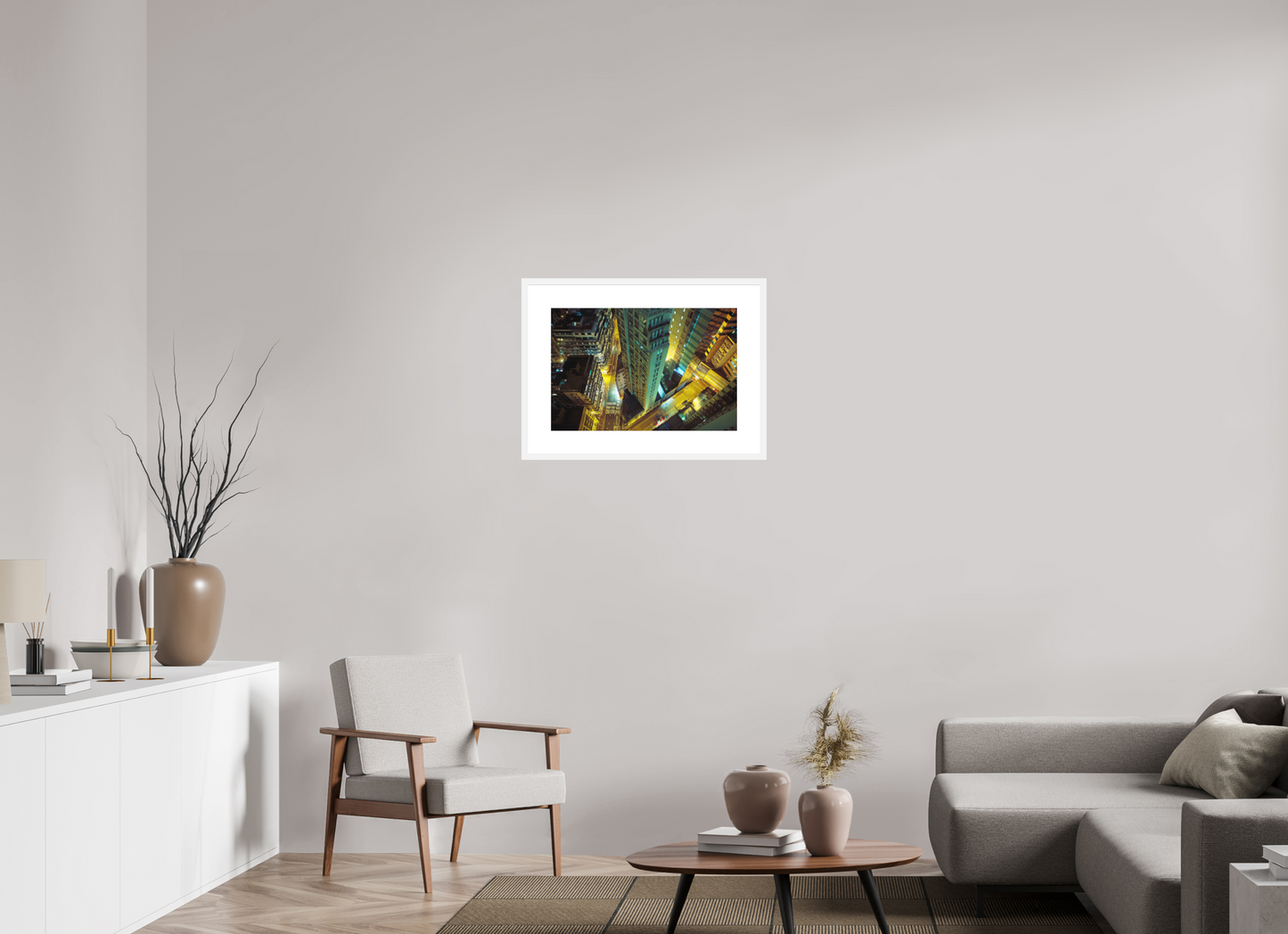 24 x 16″, Solid 0.8" White Wood Frame With 3" Natural White Passe-Partout with Museum Glass Downtown Hong Kong