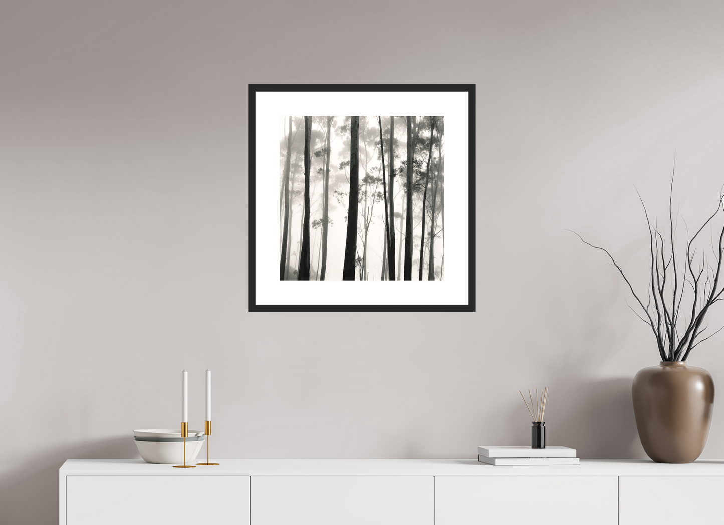 20 x 20″, Solid 0.8" Black Wood Frame With 3" Natural White Passe-Partout with Museum Glass Tilba Tilba Trees, Austrailia