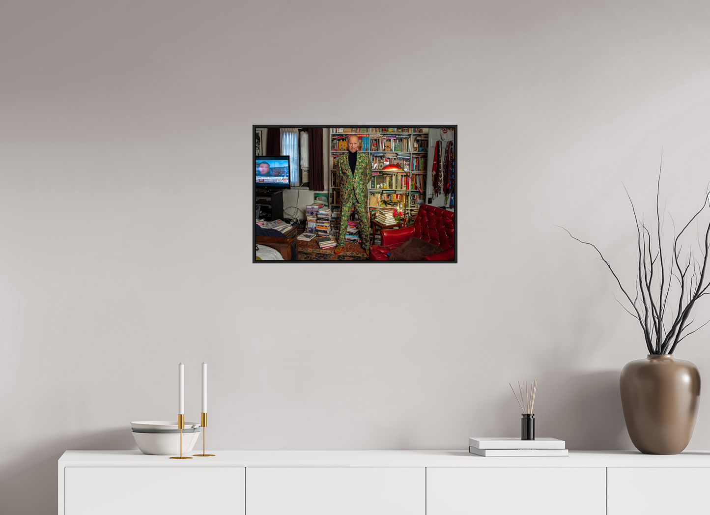 24 x 16″, Black Matte Frame, No Border Director John Waters in his Bedroom with TV