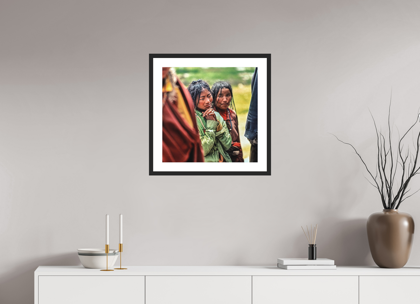 20 x 20″, Solid 0.8" Black Wood Frame With 2" Natural White Passe-Partout with Museum Glass Tibetan Girl in Green Jacket (square format)