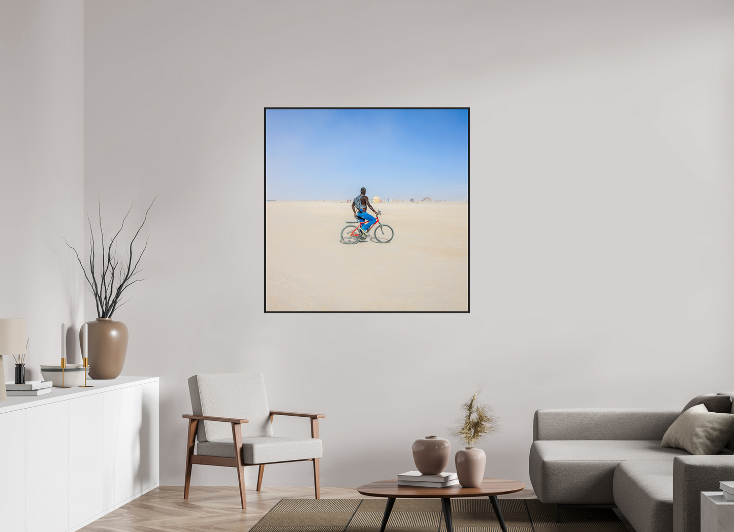 45 x 45″, Black Matte Frame, No Border Burning Man - Man on Red Bike