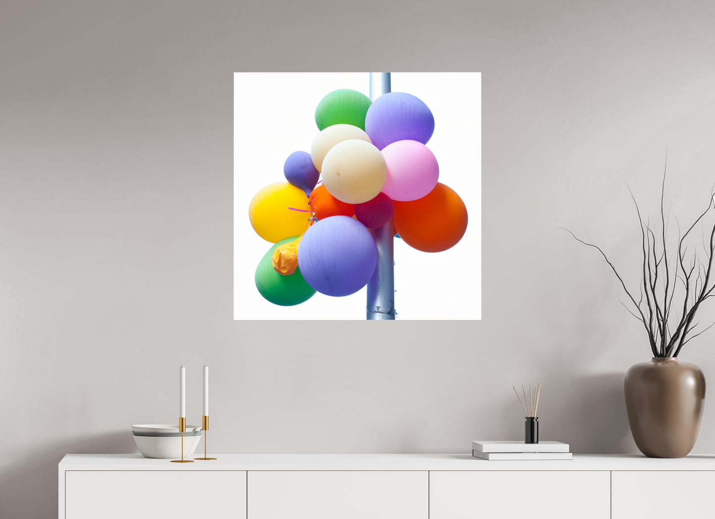 30 x 30″, Frameless Acrylic Glass Colorful Ballons Tied to a Lamp Post