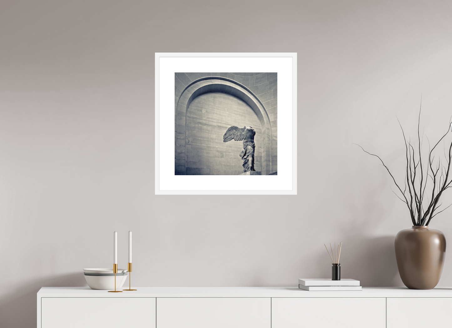 20 x 20″, Solid 0.8" White Wood Frame With 3" Natural White Passe-Partout with Museum Glass Winged Victory of Samothrace