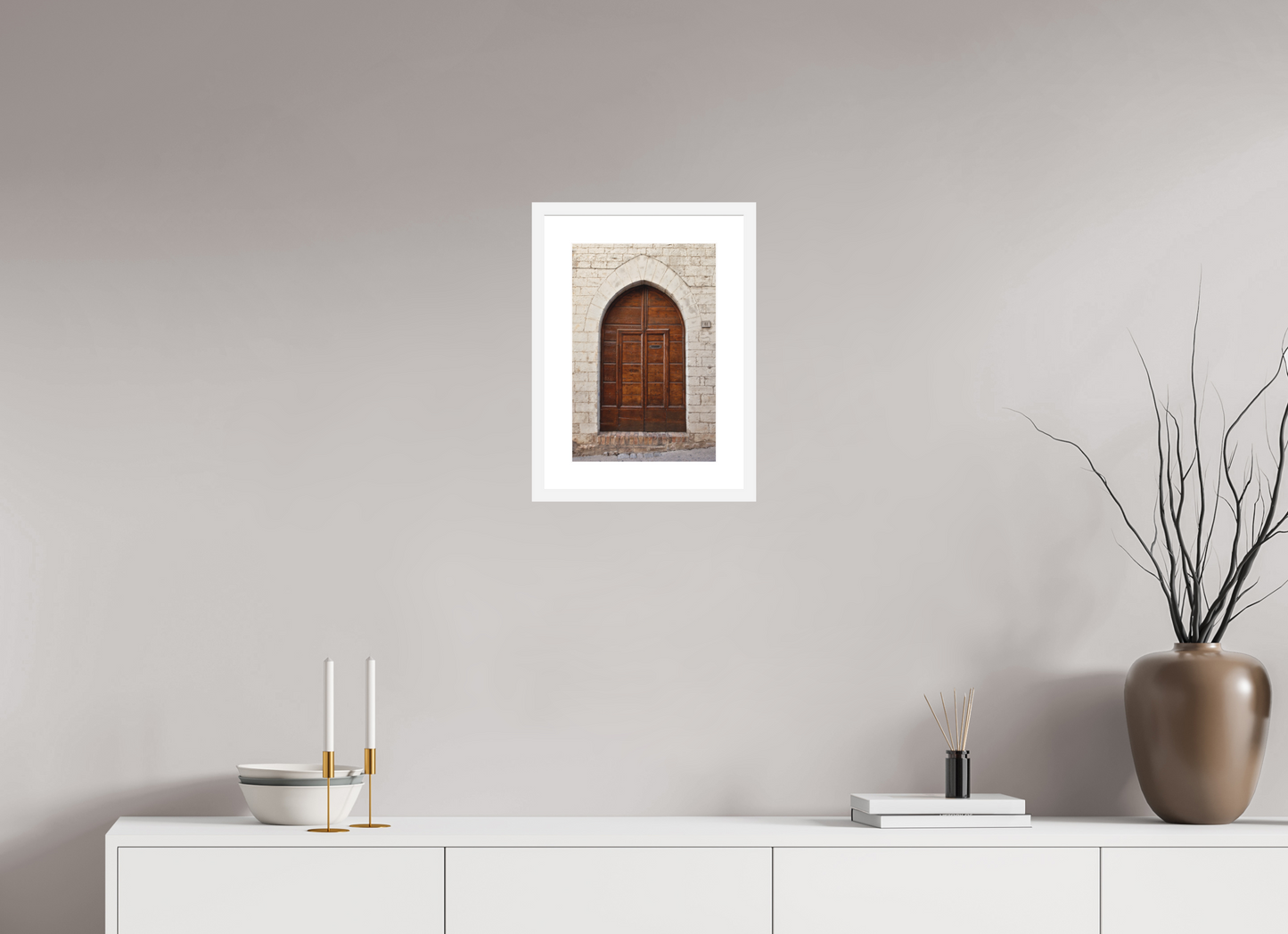 10 x 15″, Solid 0.8" White Wood Frame With 2" Natural White Passe-Partout with Museum Glass Umbrian Door